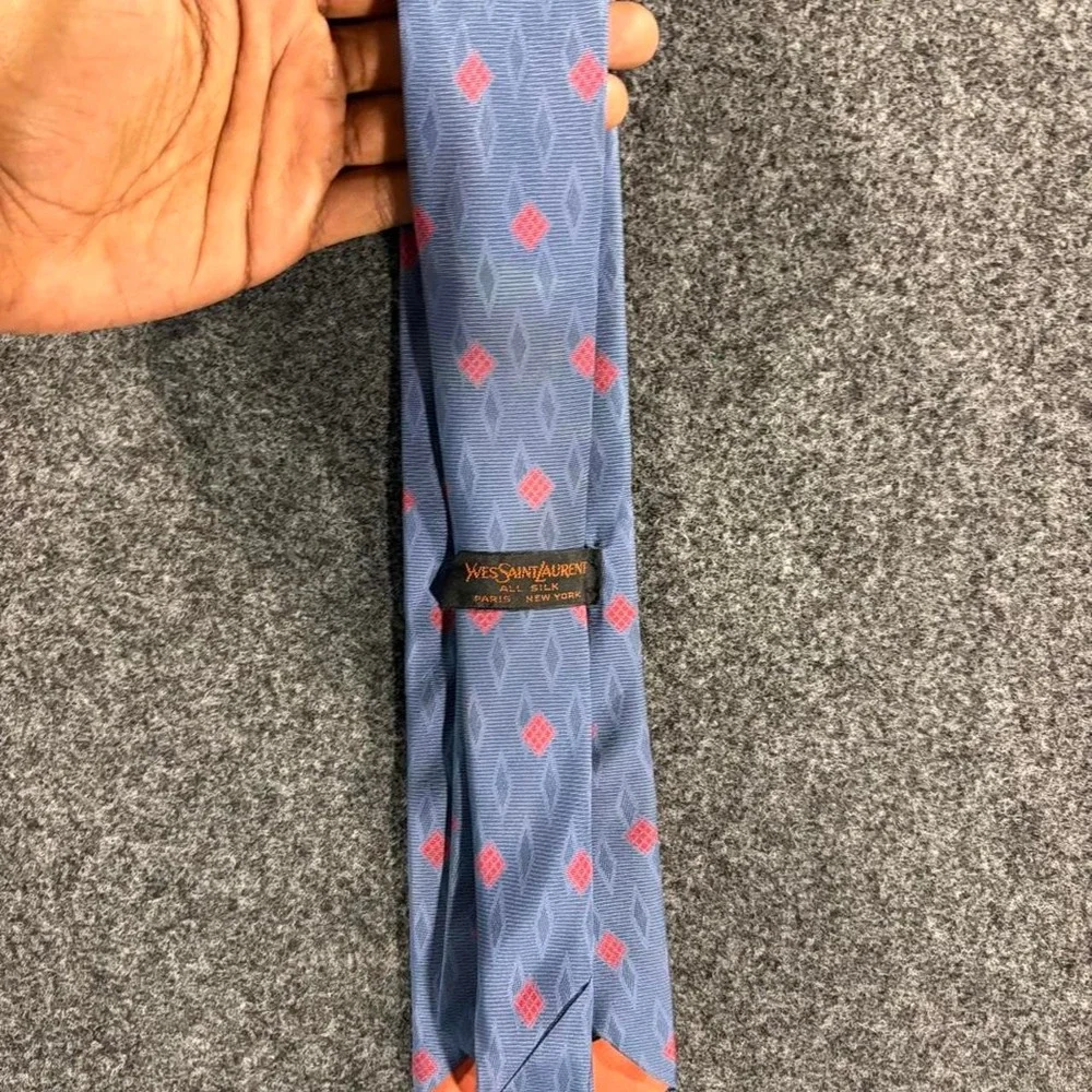 Yves Saint Laurent YSL Silk Necktie Geometric Diamond Pattern Blue Red Tie